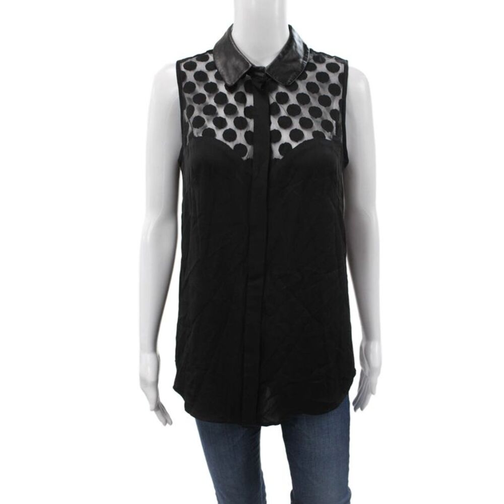 Milly Women Sleeveless Collared Polka Dot Nylon Tunic Blouse Button Size 6